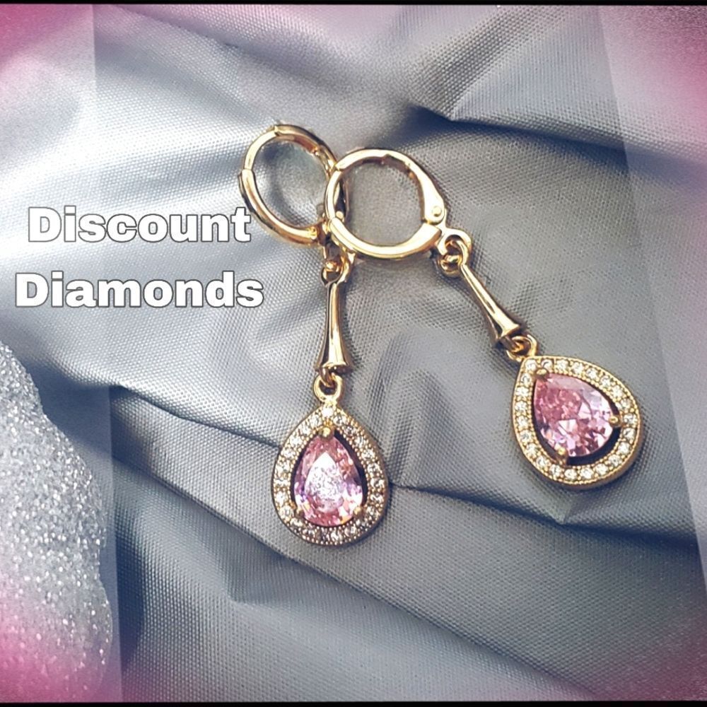 Natural Pink Topaz & Clear White Topaz Dangle Earrings 18K Gold 925 Silver
